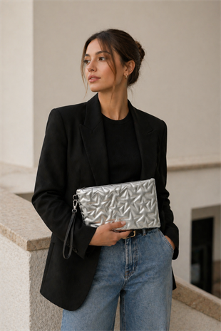 Yıldız Desenli Parlak Kadın El Çantası – Şık Clutch Çanta Gümüş