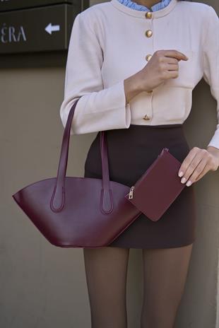 Deri Görünümlü Shopper Çanta Bordo