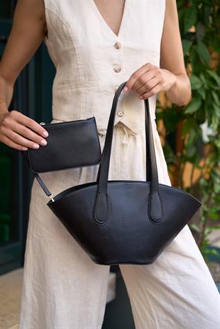 Deri Görünümlü Shopper Çanta Siyah