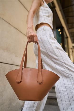 Deri Görünümlü Shopper Çanta Taba