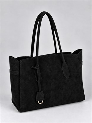 Fermuarlı İç Bölmeli Omuz Çantası Shopper Model Siyah Süet
