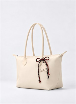 Süslemeli Fermuarlı Shopper Omuz Çantası Krem
