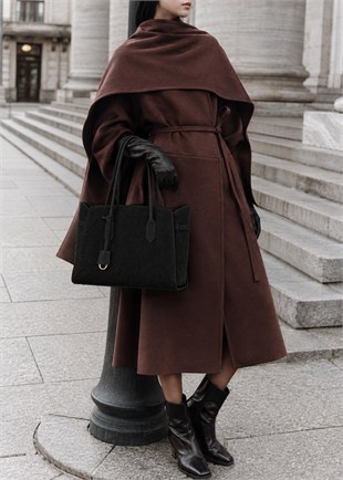 Fermuarlı İç Bölmeli Omuz Çantası Shopper Model Siyah Süet