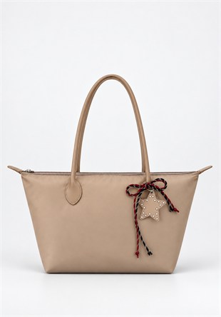 Süslemeli Fermuarlı Shopper Omuz Çantası Vizon