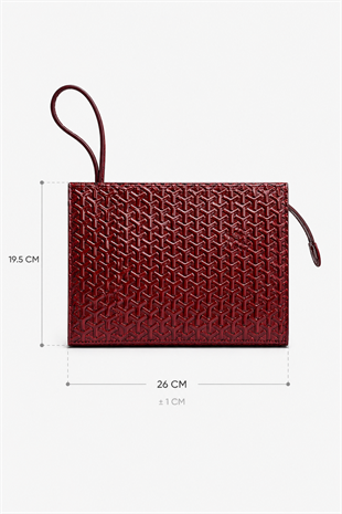 Rugan Dokulu Monogram Desenli El Çantası – Şık & Gece Kombin Uyumlu Clutch Çanta Bordo