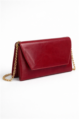 Deri Görünümlü Zincir Askılı Kadın El ve Omuz Çantası – Şık Portföy Clutch Bordo