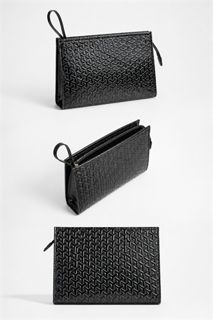 Rugan Dokulu Monogram Desenli El Çantası – Şık & Gece Kombin Uyumlu Clutch Çanta Siyah
