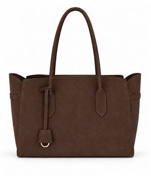 Fermuarlı İç Bölmeli Omuz Çantası Shopper Model Kahverengi Süet