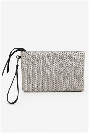 Clutch Çanta Dokuma El Çantası Bilek Askılı Yazlık Portföy Çanta Gümüş
