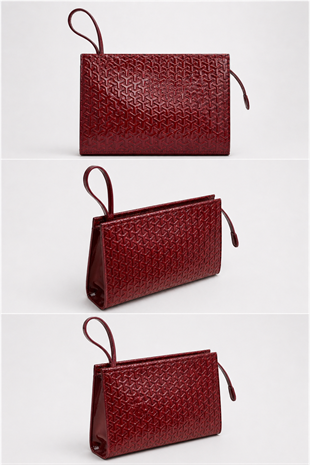 Rugan Dokulu Monogram Desenli El Çantası – Şık & Gece Kombin Uyumlu Clutch Çanta Bordo