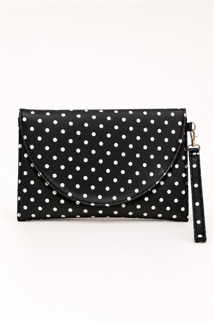 Clutch Çanta Kavis Kapaklı Portföy El Çantası Siyah Puantiyeli