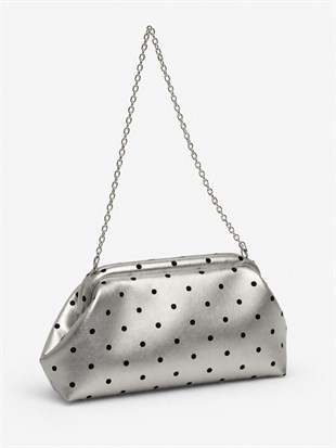 Puantiyeli  Kadın Zincir Askılı Clutch ve Omuz Çantası Gümüş Puantiyeli