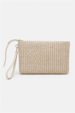 Clutch Çanta Dokuma El Çantası Bilek Askılı Yazlık Portföy Çanta Bej
