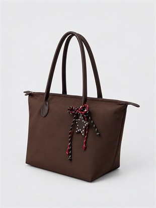 Süslemeli Fermuarlı Shopper Omuz Çantası Kahverengi