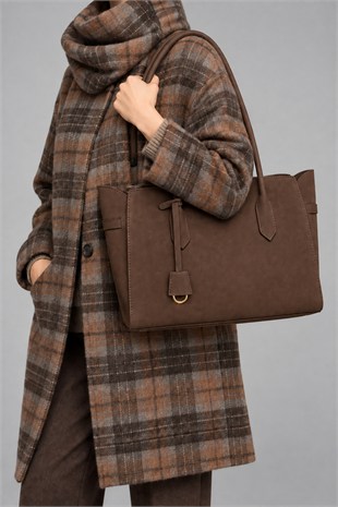 Fermuarlı İç Bölmeli Omuz Çantası Shopper Model Kahverengi Süet