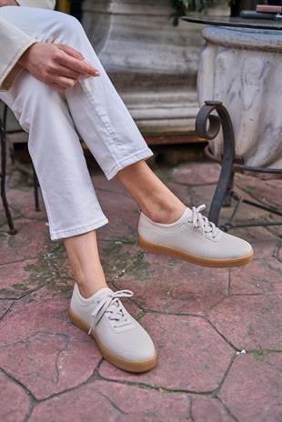 File Dokulu Spor Ayakkabı Bej