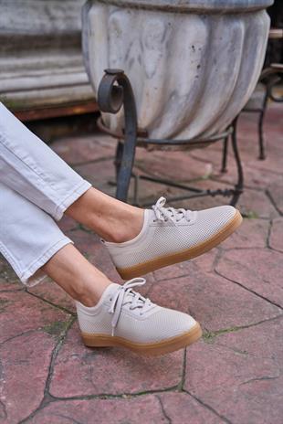 File Dokulu Spor Ayakkabı Bej