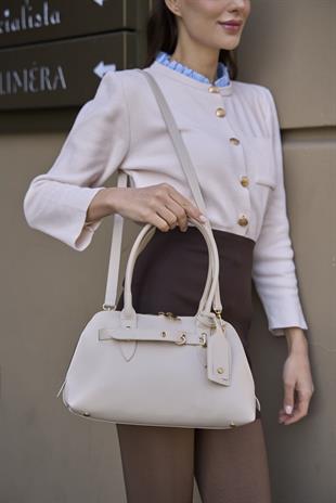 Gold Aksesuarlı Retro Çanta El ve Omuz Çantası Bej