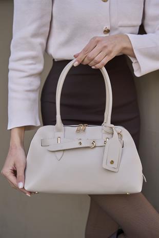 Gold Aksesuarlı Retro Çanta El ve Omuz Çantası Bej