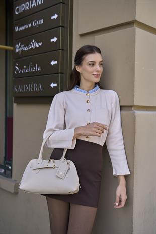 Gold Aksesuarlı Retro Çanta El ve Omuz Çantası Bej