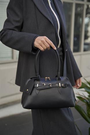 Gold Aksesuarlı Retro Çanta El ve Omuz Çantası Siyah