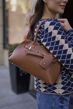 Gold Aksesuarlı Retro Çanta El ve Omuz Çantası Taba