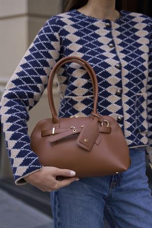 Gold Aksesuarlı Retro Çanta El ve Omuz Çantası Taba