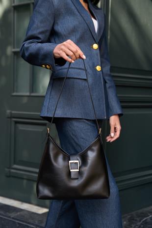 Gold Toka Detaylı  El ve Omuz Çantası Siyah