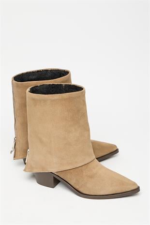 Kadın Camel Süet Hakiki Deri Western Topuklu Bot – Sivri Burun & Fermuar Aksesuarlı