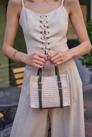 Hasır Detaylı Tokalı  El ve Omuz Çantası Krem- Siyah