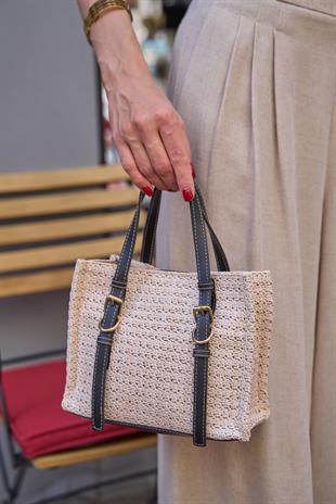 Hasır Detaylı Tokalı  El ve Omuz Çantası Krem- Siyah