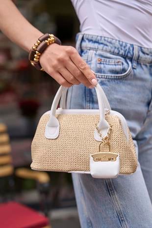 Hasır Dokulu Mini El Çantası Beyaz