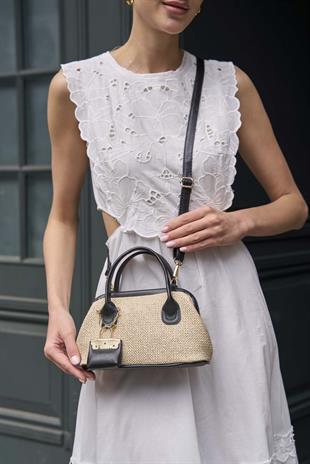 Hasır Dokulu Mini El Çantası Siyah