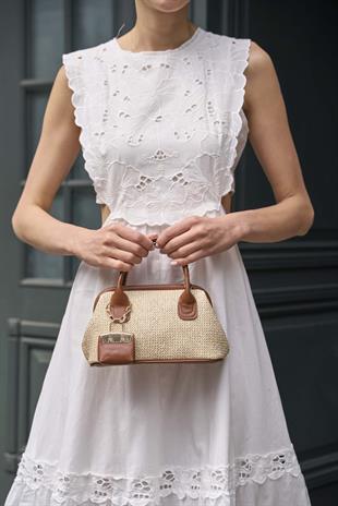 Hasır Dokulu Mini El Çantası Taba