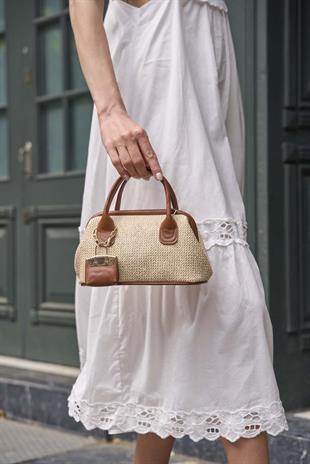 Hasır Dokulu Mini El Çantası Taba