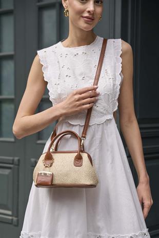 Hasır Dokulu Mini El Çantası Taba