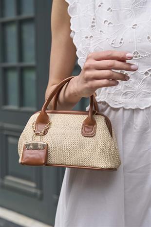 Hasır Dokulu Mini El Çantası Taba