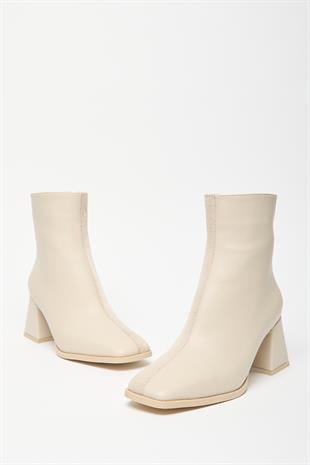 Kadın Bej Süet Bot & Bootie Küt Burun Topuklu Kontrast PU Deri Fermuarlı Şık