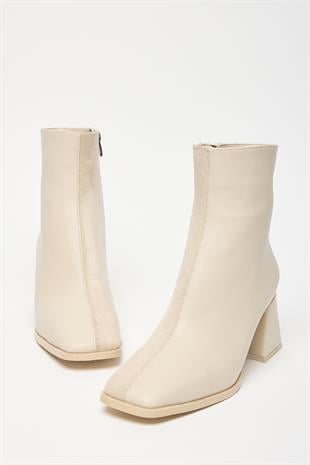 Kadın Bej Süet Bot & Bootie Küt Burun Topuklu Kontrast PU Deri Fermuarlı Şık