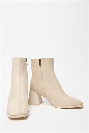Kadın Bej Süet Bot & Bootie Küt Burun Topuklu Kontrast PU Deri Fermuarlı Şık