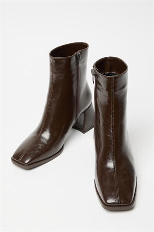Kadın Kahverengi Rugan Bot & Bootie Küt Burun Topuklu Kontrast PU Deri Fermuarlı Şık