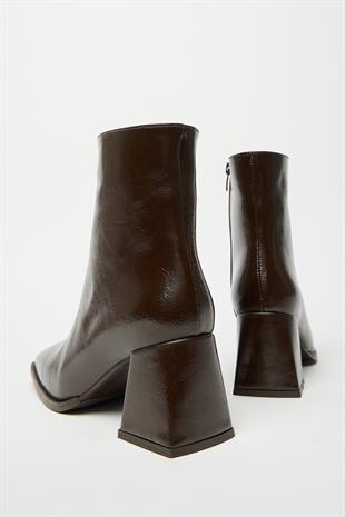 Kadın Kahverengi Rugan Bot & Bootie Küt Burun Topuklu Kontrast PU Deri Fermuarlı Şık