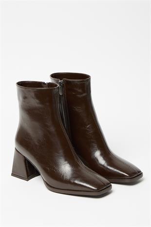 Kadın Kahverengi Rugan Bot & Bootie Küt Burun Topuklu Kontrast PU Deri Fermuarlı Şık