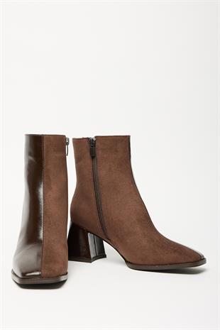 Kadın Kahverengi Rugan Süet Bot & Bootie Küt Burun Topuklu Kontrast PU Deri Fermuarlı Şık