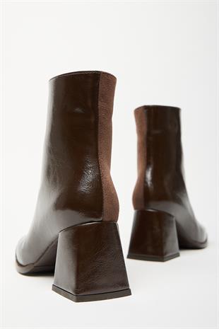 Kadın Kahverengi Rugan Süet Bot & Bootie Küt Burun Topuklu Kontrast PU Deri Fermuarlı Şık
