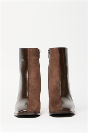 Kadın Kahverengi Rugan Süet Bot & Bootie Küt Burun Topuklu Kontrast PU Deri Fermuarlı Şık