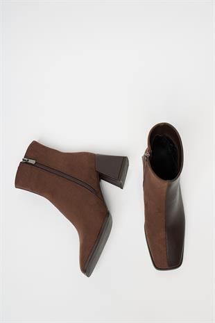 Kadın Kahverengi Süet Küt Burun Topuklu Bot & Bootie – Fermuarlı Günlük Şık