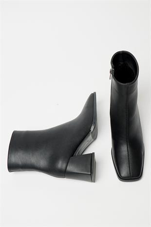 Kadın Siyah  Bot & Bootie Küt Burun Topuklu Kontrast PU Deri Fermuarlı Şık