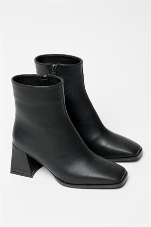 Kadın Siyah  Bot & Bootie Küt Burun Topuklu Kontrast PU Deri Fermuarlı Şık