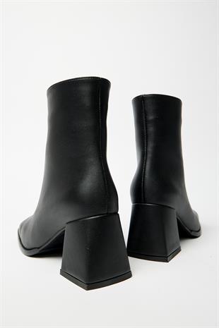 Kadın Siyah  Bot & Bootie Küt Burun Topuklu Kontrast PU Deri Fermuarlı Şık